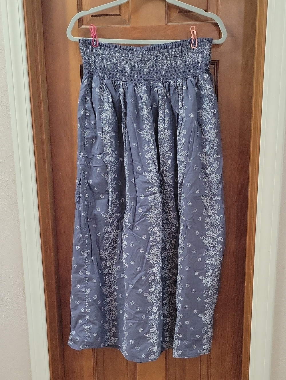 Blue Floral Smocked Waist Skirt 100% Cotton - Picture 1 of 6